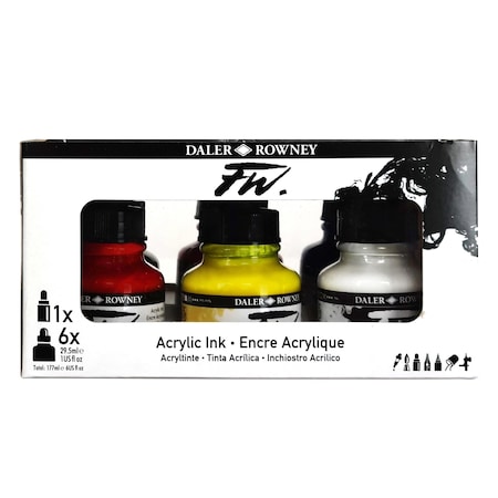 Daler-Rowney FW Acrylic Ink Primary Set with Empty Marker, Assorted Colors, 29.5ml, 6-Piece Set D160100007