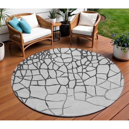 Homeroots 8' Gray And Charcoal Round Abstract Washable Indoor Outdoor Area Rug 601130