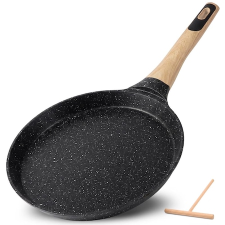 Nutrichef 9.45 in Non-Stick Crepe Pan with Wooden Spreader, Durable Marble Coated Dosa Pan, Bakelite Handle NCMKCP0024BK