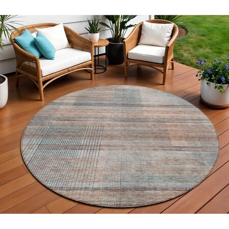 Homeroots 8' Copper Gray And Blue Round Striped Washable Indoor Outdoor Area Rug 588054