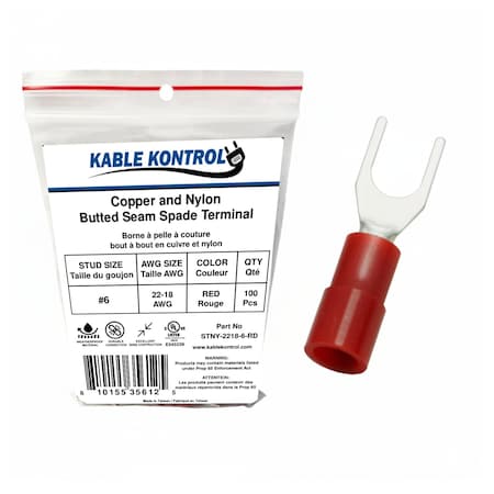 Kable Kontrol Copper and Nylon Butted Seam Spade Terminal, 22-18 AWG, Stud Size # 6, Red, 100 Pcs, 100PK STNY-2218-6-RD