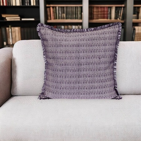 Homeroots 24" Purple and White Cotton Throw Pillow with Fringe 529247