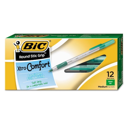 Bic Round Stic Grip Xtra Comfort Ballpoint Pen, Easy-Glide System, Stick, Medium 1.2mm, Green Ink, 12PK 13888