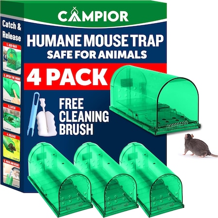 Campior Humane Mouse Trap, Large, No-Kill, Indoor, Pet Safe, Easy Clean, No-Touch Release, Green, 4PK CMPMO8SGR64