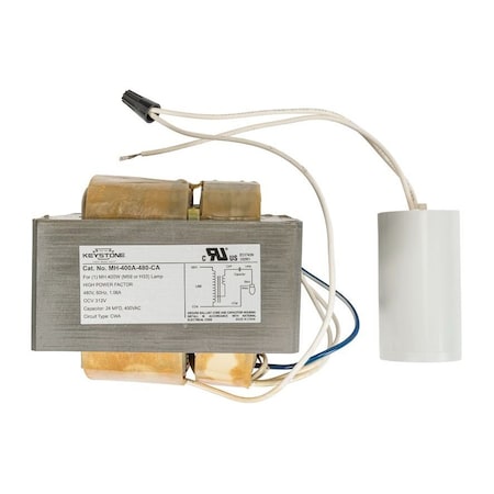 Keystone 400W Metal Halide, 480V Single Tap, Ballast Kit with: Capacitor, mounting hardware. Included ballast MH-400A-480-KIT     3/1