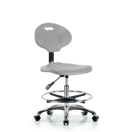 Blue Ridge Ergonomics Poly Chair Chrome - Medium Bench Height with Chrome Foot Ring & Chrome Casters in Gray Poly TPMBCH-CR-A0-CF-CC-GRY