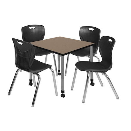 Regency Square Kee Mobile Adjustable Classroom Table W/ 4 Andy Chairs, 30 in W, 30 in L, Noble Oak TB3030NOAPCGY40BK