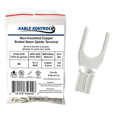 Kable Kontrol Non Insulated Copper Butted Seam Spade Terminal, 16-14 AWG, Stud Size # 6, 100 Pcs, 100PK STNI-1614-6
