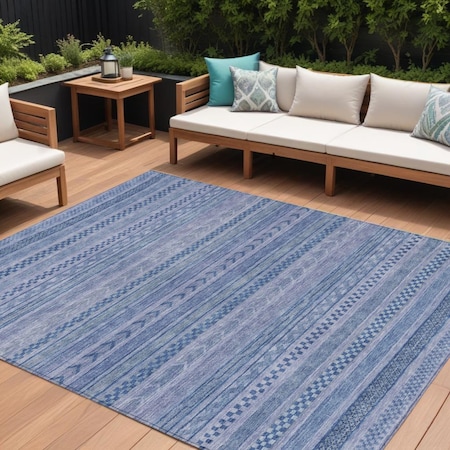 Homeroots 10' X 14' Denim Blue And Sky Blue Striped Washable Indoor Outdoor Area Rug 615349