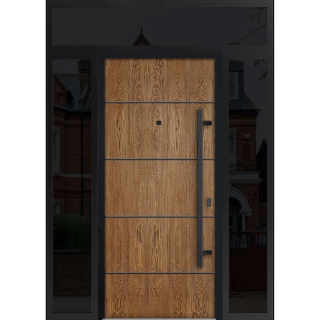 Vdomdoors Steel Door Deux 6683 Natural Oak 2 Sidelight and Transom Window Sidelite Entry Door Painted W14+36+ DEUX6683EXD-OAK-W14+36+14 X H80+16-LH-I