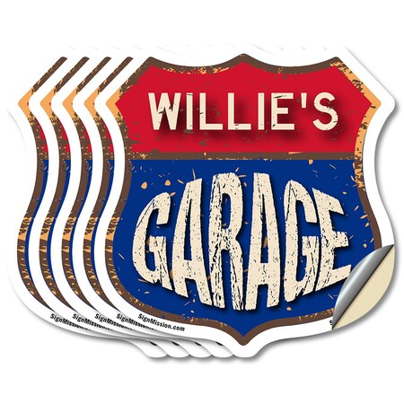Signmission Willie's Garage, 4 inch X 4 inch, Vinyl Decal, 5PK SHI-D-5PACK-4-383-WILLIE