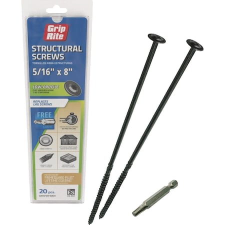 Grip-Rite PrimeGuard Plus 5/16''x8'' Flat Washer Head Structure Screw, 20-Count GRSSFW516820
