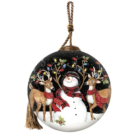 Homeroots Snowman and Reindeer in Holiday Lights Hand Painted Mouth Blown Glass Ornament 477551