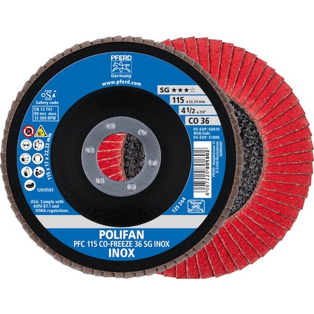 Pferd 4-1/2'' x 7/8'' A.H. POLIFAN Flap Disc - CO-FREEZE SG INOX, Ceramic oxide, 36 Grit, Conical 60810