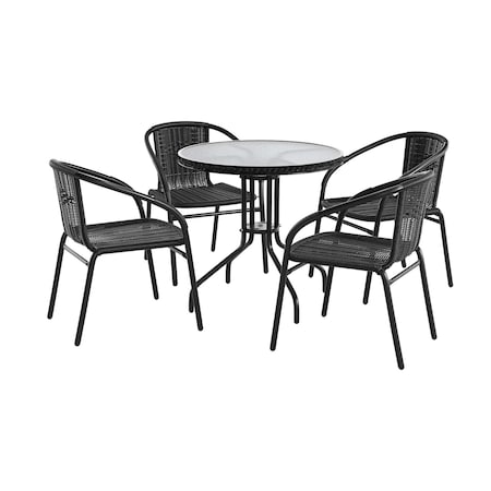 Flash Furniture Round Glass Table w/4 Blk Rattan Chrs, Rnd, 28", Aluminum, Glass, Metal, Plastic, Rattan, Clear TLH-087RD-037BK4-GG