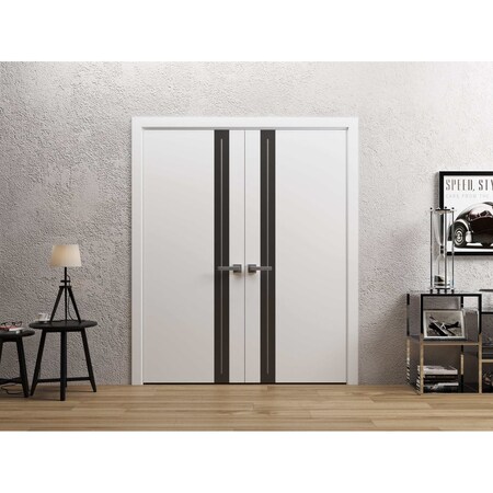 Sartodoors Interior Double Doors 60 x 84 inches, Planum 0444 White Silk with Black Inserts and Frosted Glass,  PLANUM0444DD-WS-6084