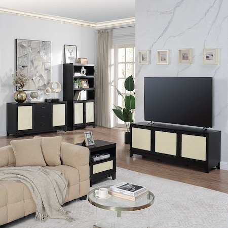 Manhattan Comfort Sheridan Modern Cane 4-Piece Set: Bookcase, TV Stand, Sideboard, Nightstand in Black 4-3456GLF-BK
