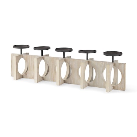 Homeroots 9" Black Distressed Geometric Solid Wood And Metal Tabletop Pillar Candle Holder 608566