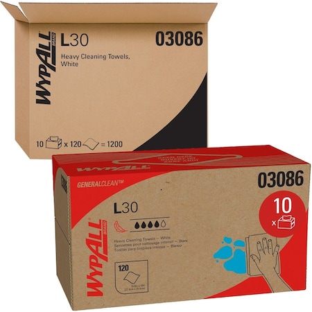 Wypall General Clean L30 Heavy Cleaning Towels, Strong & Soft Wipes, Pop-Up Box, White, 10 PK 03086