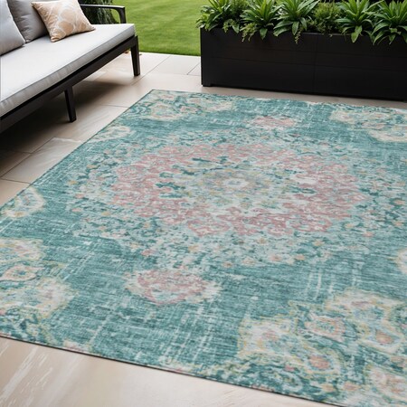 Homeroots 5' X 8' Teal Blue Floral Medallion Washable Indoor Outdoor Area Rug 607855