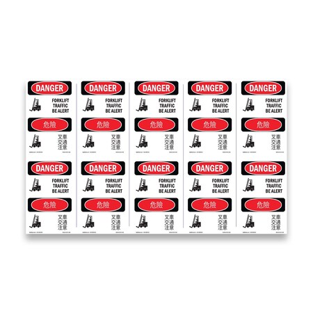 Signmission OSHA Danger Sign, 5" Height, Forklift Traffic Be Alert Bilingual, DS-D-35-VC-1265-10PK OS-DS-D-35-VC-1265-10PK