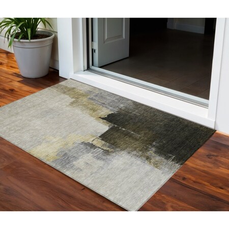 Homeroots 3' X 5' Khaki Light Green And Black Abstract Washable Indoor Outdoor Area Rug 603029