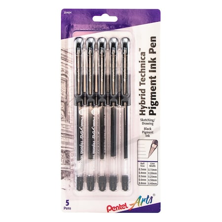 Pentel Hybrid Technica Gel Pen, Assorted Tip Sizes (0.05, 0.1, 0.3, 0.5, 0.8), Black Ink 5-Pk KN10BP5A