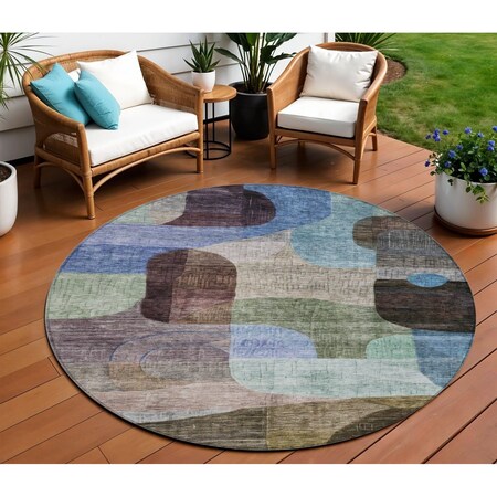 Homeroots 8' Brown Blue And Green Round Abstract Washable Indoor Outdoor Area Rug 604356
