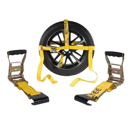 Mytee Products 2inx120in Yellow Side Mount Wheel Tie Down Strap w/ Flat Hook & Dual Ratchet - 3,333 lbs WLL Wheel RST-210SM-DS