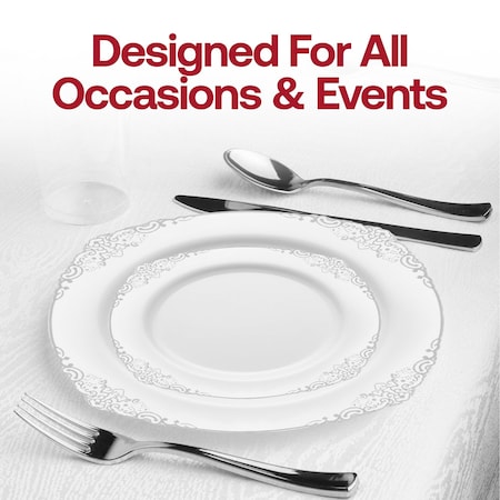 Smarty Had A Party 10.25" White with Silver Fancy Round Disposable Plastic Dinner Plates, 120PK 8880-WHS-CASE