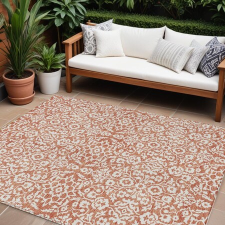 Homeroots 9' X 12' Coral And Ivory Damask Washable Indoor Outdoor Area Rug 595131