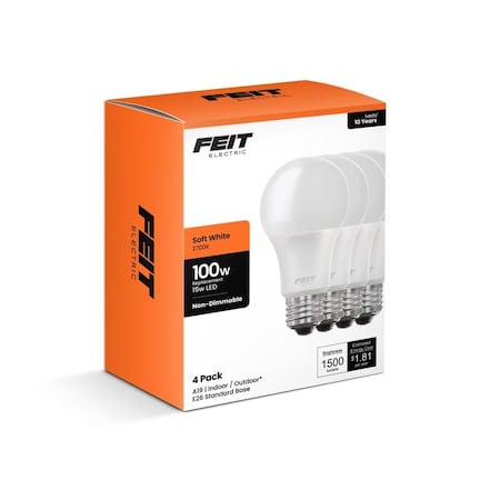 Feit Electric Feit A19 E26 Medium LED Bulb Soft White 100 Watt Equivalence, 4PK A160082710KLED4