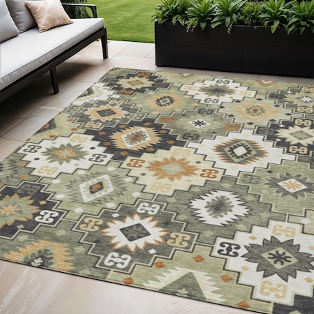 Homeroots 5' X 8' Fern Green Gold And Charcoal Southwestern Washable Indoor Outdoor Area Rug 632264