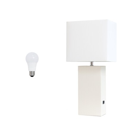 Homeroots 21" White Faux Leather USB Table Lamp LED With White Shade 642988