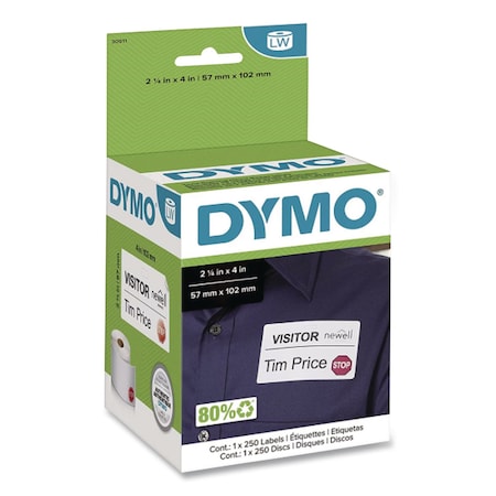 Dymo Label, White, Labels/Roll: 250 30911