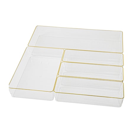 Martha Stewart Kerry Plastic Stackable Office Desk Drawer Organizers with Gold Trim, Various Sizes, Set of 5 BE-PB9085-G-5-CLRGLD-MS