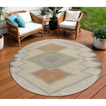 Homeroots 8' Brown Copper And Fern Green Round Geometric Washable Indoor Outdoor Area Rug 631899