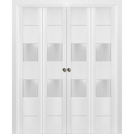 Sartodoors Sliding Closet Double Bi-fold Doors, Lucia 4010 White Silk with Frosted Glass, Sturdy Tracks Moldin LUCIA4010DBF-WS-96 x 84 (4* 24x84)