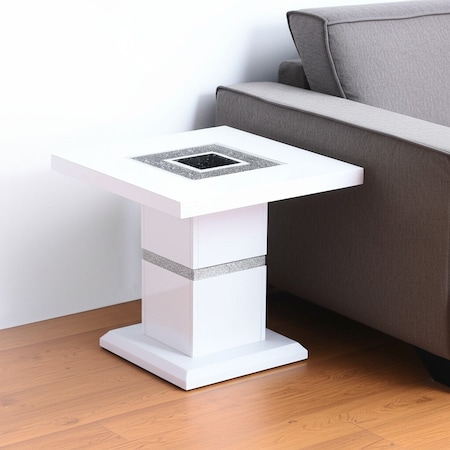 Homeroots 24" White and Silver Glass and Wood Faux Crystal Bling Square Pedestal End Table 560100