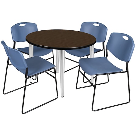 Regency Round Kahlo Breakroom Table W/ 4 Zeng Stack Chairs, 42 in W, 42 in L, Neo Walnut TPL42RNDNWCM44BE