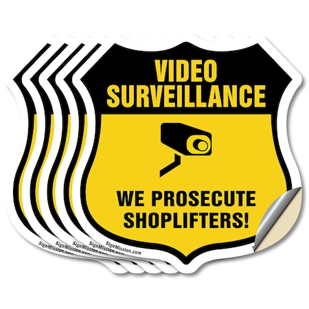 Signmission Video Surveillance Shield Sign We Prosec, 4 inch X 4 inch, Vinyl Decal, 5PK SHI-D-5PACK-4-471