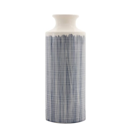 Homeroots 19" Blue and White Geometric Cylinder Terracotta Floor Vase 516222