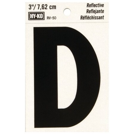 Hy-Ko Reflective Letter, 2-1/2 in W x 4 in H Dimensions, Character: D, 3 in H Character RV-50/D