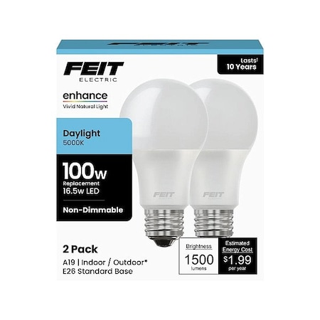 Feit Electric LED, 16.5 W, A19, Medium Screw (E26), PK2 OM100/950CA10K/2