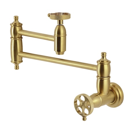 Kingston Brass Wall Mount Pot Filler Faucet with Knurled Handle, Brushed Brass KS3107RKX