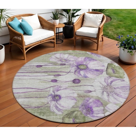 Homeroots 8' Purple And Lavender Round Floral Washable Indoor Outdoor Area Rug 582766