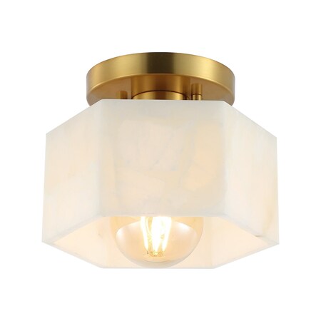 Jonathan Y Tessa 8" 1-Light Modern Contemporary Alabaster/Iron Hexagonal LED Semi Flush Mount, White Marbling/Br JYL1204A