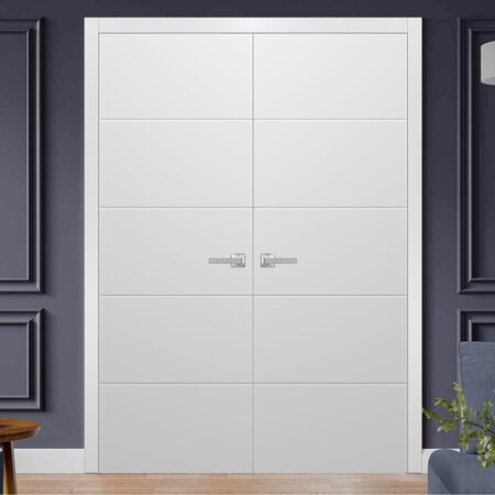 Sartodoors Solid French Double Doors, Planum 0770 Painted White Matte, Wood Solid Panel Frame Trims, Closet Be PLANUM0770DD-WS-7284