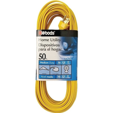 Southwire Extension Cord, 16 AWG, Indoor, 16/3, Yellow, Vinyl, 50 ft 832