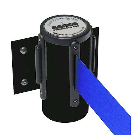Aarco Form-A-Line System, Wall Mounted Retractable Belt w/ a Black Casing, 10' Blue Belt WM-10BKBL